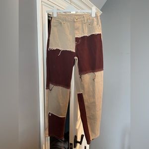Beige and burgundy square patchwork jeans, high waisted